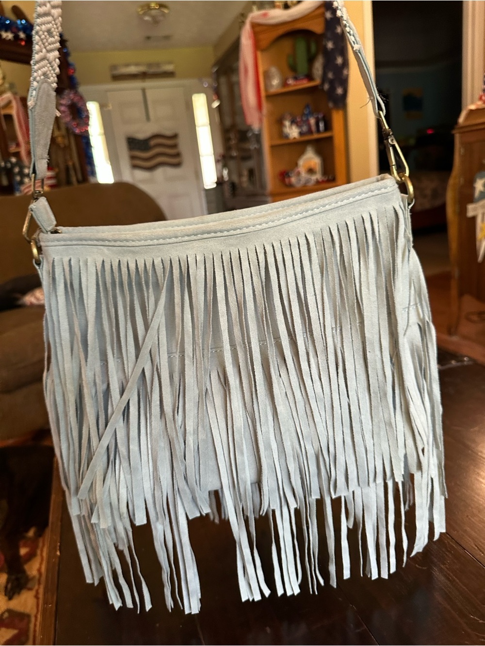 Fringed Crossbody Shoulder Bag in Light Blue